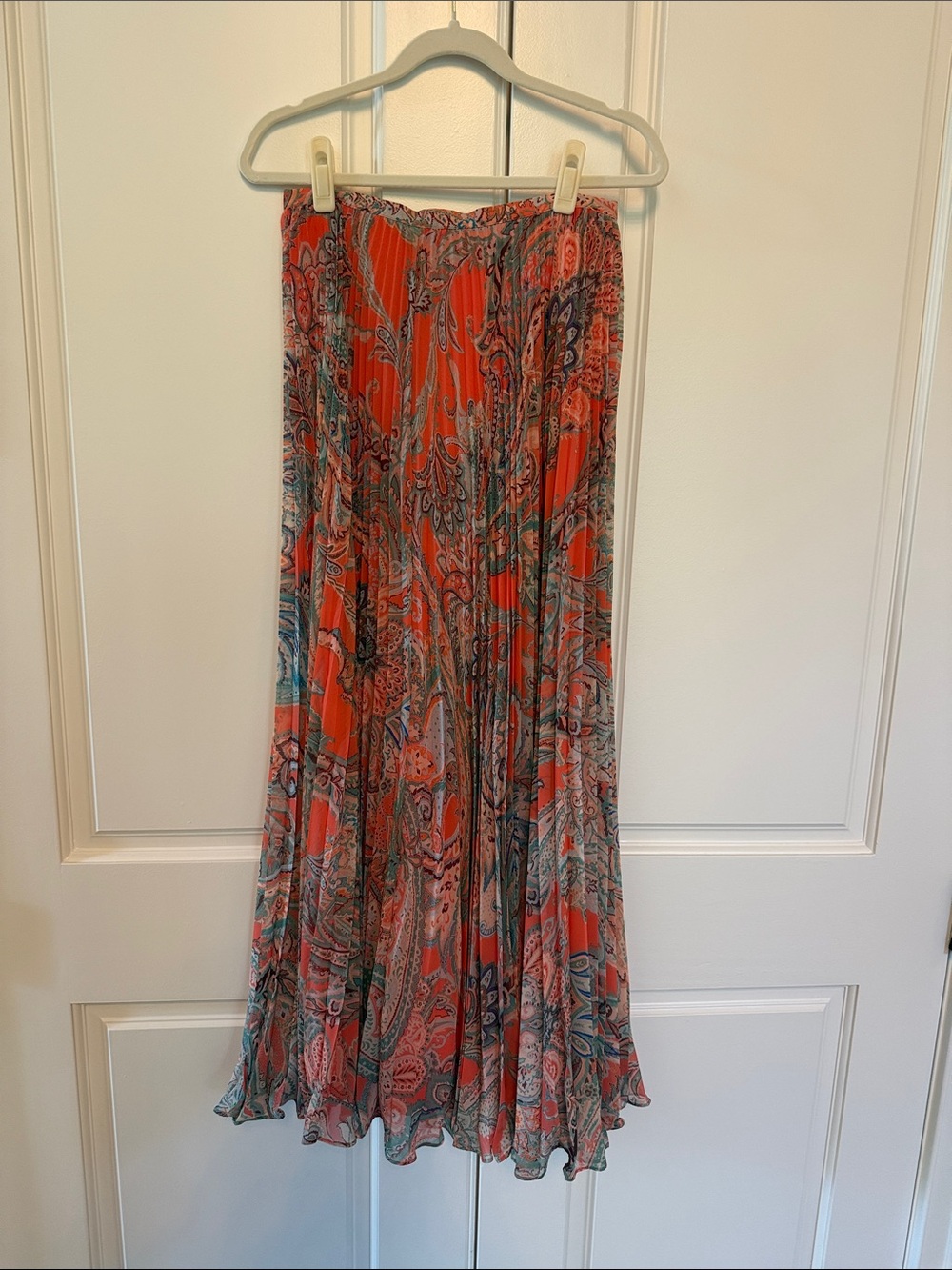 L'AGENCE Coral and Teal Paisley Pleated Maxi Skirt